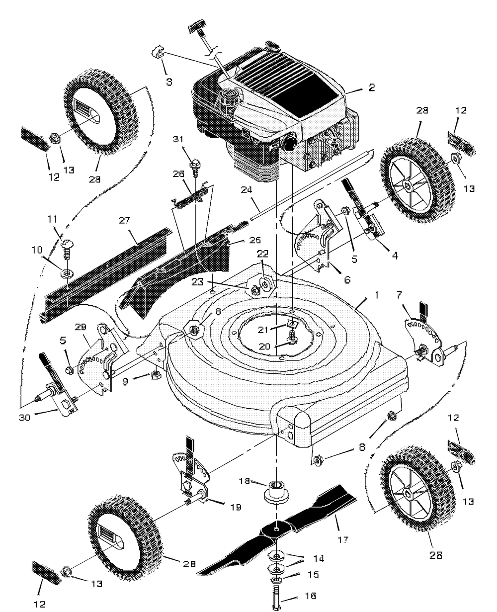 Mower Housing Assembly Diagram and Parts List for 20405X51A 1997 Briggs and Stratton Lawn Mower
